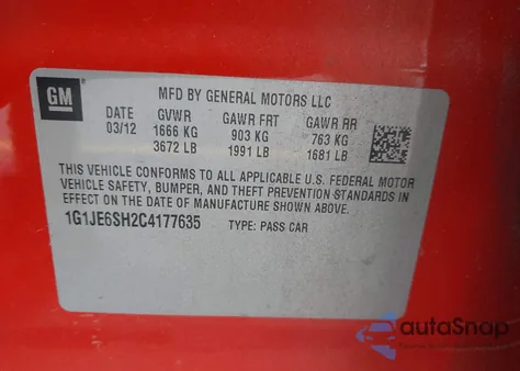 2012 Chevrolet Sonic 2Lz from USA, damaged, VIN 1G1JE6SH2C4177635